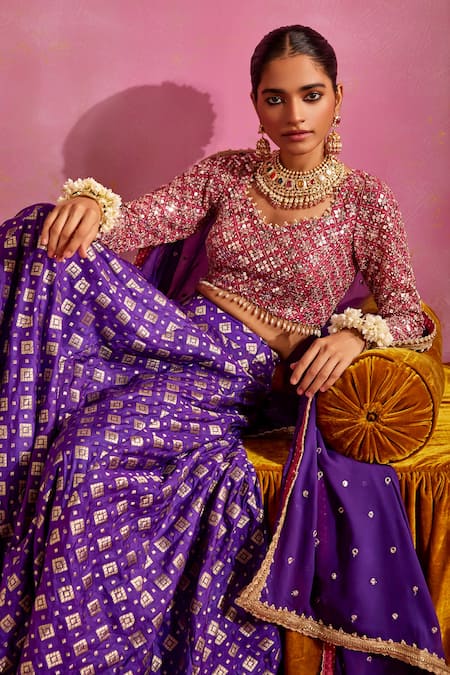 Mustard Moon By Neyha And Vrinda_Purple Brocade Pearls, Sequins V-neck Embroidered Blouse And Lehenga Set _at_Aza_Fashions