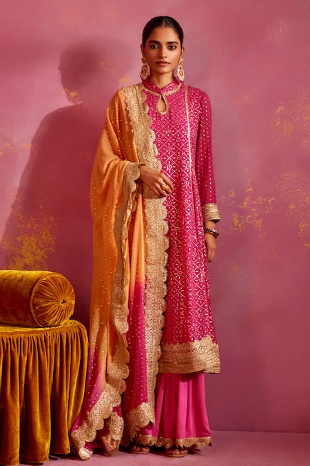 Mustard Moon by Neyha and Vrinda Pink Georgette Embroidered Mukaish Band Collar Kurta Sharara Set 