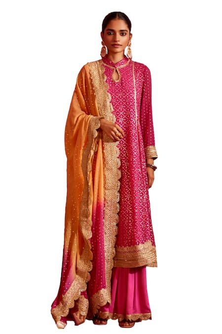 Shop Mustard Moon By Neyha And Vrinda Pink Georgette Lace, Mirrors, Embroidery Bandeau Neck Kurta Sharara Set Online at Aza Fashions Shop_Mustard Moon By Neyha And Vrinda_Pink Georgette Lace, Mirrors, Embroidery Bandeau Neck Kurta Sharara Set _Online_at_Aza_Fashions