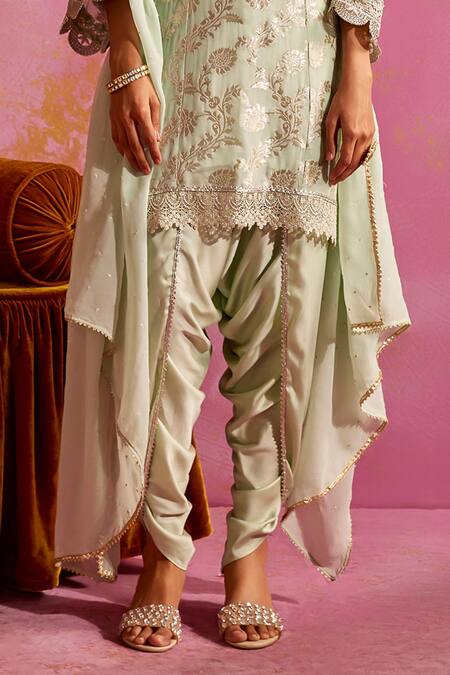 Mustard Moon By Neyha And Vrinda_Green Satin, Brocade Lace, Sequins Floral Woven Pattern Kurta Dhoti Pant Set_Online_at_Aza_Fashions
