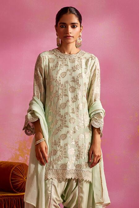 Buy_Mustard Moon By Neyha And Vrinda_Green Satin, Brocade Lace, Sequins Floral Woven Pattern Kurta Dhoti Pant Set_Online_at_Aza_Fashions