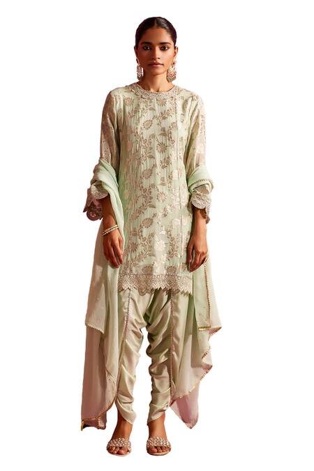 Shop_Mustard Moon By Neyha And Vrinda_Green Satin, Brocade Lace, Sequins Floral Woven Pattern Kurta Dhoti Pant Set_Online_at_Aza_Fashions