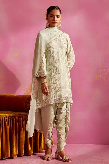 Mustard Moon By Neyha And Vrinda_Green Satin, Brocade Lace, Sequins Floral Woven Pattern Kurta Dhoti Pant Set_at_Aza_Fashions