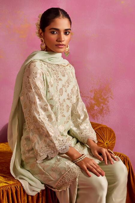 Buy_Mustard Moon By Neyha And Vrinda_Green Satin, Brocade Lace, Sequins Floral Woven Pattern Kurta Dhoti Pant Set
