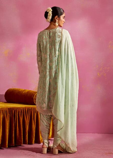 Shop_Mustard Moon By Neyha And Vrinda_Green Satin, Brocade Lace, Sequins Floral Woven Pattern Kurta Dhoti Pant Set