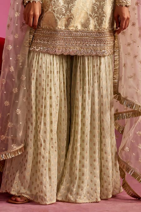 Mustard Moon By Neyha And Vrinda_Green Georgette, Brocade, Lurex Lace, Floral Woven Pattern Kurta Sharara Set_Online_at_Aza_Fashions