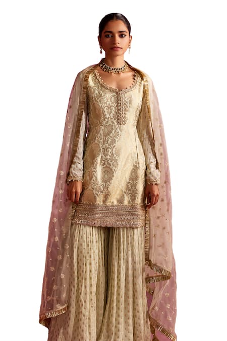 Buy_Mustard Moon By Neyha And Vrinda_Green Georgette, Brocade, Lurex Lace, Floral Woven Pattern Kurta Sharara Set_Online_at_Aza_Fashions