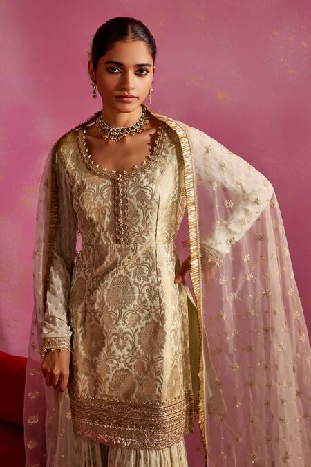 Shop_Mustard Moon By Neyha And Vrinda_Green Georgette, Brocade, Lurex Lace, Floral Woven Pattern Kurta Sharara Set_Online_at_Aza_Fashions