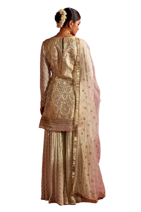 Mustard Moon By Neyha And Vrinda_Green Georgette, Brocade, Lurex Lace, Floral Woven Pattern Kurta Sharara Set_at_Aza_Fashions