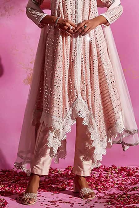 Buy_Mustard Moon By Neyha And Vrinda_Pink Georgette Embroidery, Sequins, Mirrors V-neck Kurta Pant Set _Online_at_Aza_Fashions