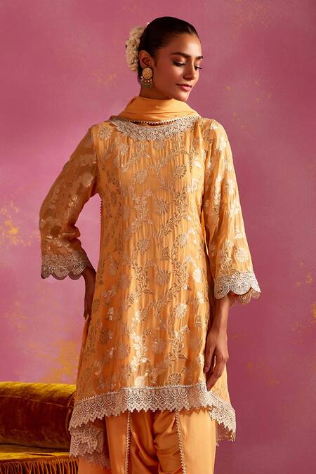 Mustard Moon By Neyha And Vrinda_Orange Satin, Brocade Lace, Sequins Round Floral Woven Kurta Set With Dhoti Pant_Online_at_Aza_Fashions