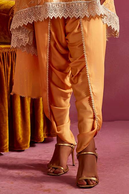Buy_Mustard Moon By Neyha And Vrinda_Orange Satin, Brocade Lace, Sequins Round Floral Woven Kurta Set With Dhoti Pant_Online_at_Aza_Fashions