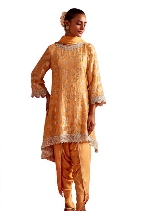Shop_Mustard Moon By Neyha And Vrinda_Orange Satin, Brocade Lace, Sequins Round Floral Woven Kurta Set With Dhoti Pant_Online_at_Aza_Fashions