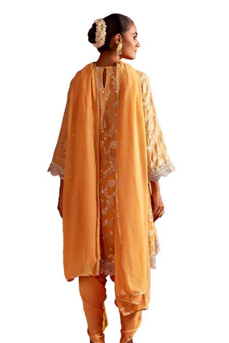 Mustard Moon By Neyha And Vrinda_Orange Satin, Brocade Lace, Sequins Round Floral Woven Kurta Set With Dhoti Pant_at_Aza_Fashions