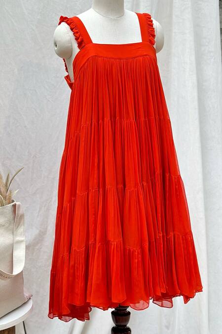 Ozel_Orange Georgette Square Coco Pleated Flared Dress _Online_at_Aza_Fashions