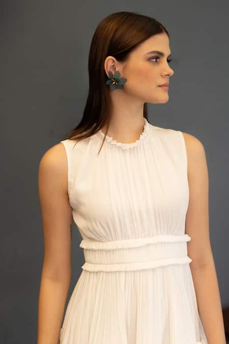 Shop_Ozel_White Viscose Crepe Solid High Neck Parker Pleat Detailed Short Dress _Online_at_Aza_Fashions