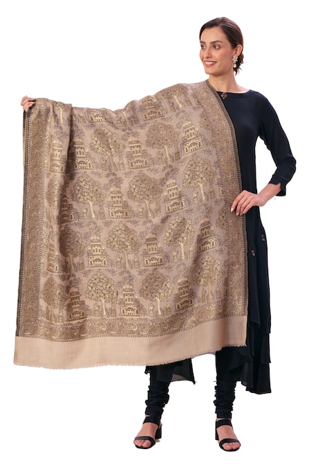 Shop_Taroob_Beige Darbar Pattern Shawl _Online_at_Aza_Fashions