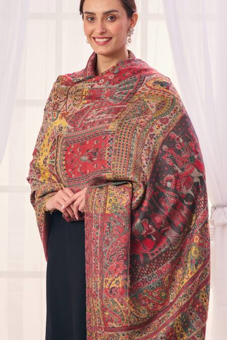Buy_Taroob_Beige Jaal Embroidery Mughal Darbar Work Shawl _Online_at_Aza_Fashions