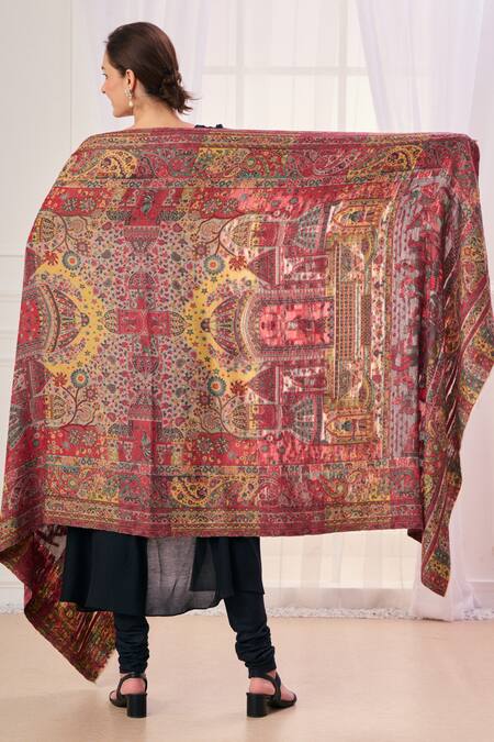 Shop_Taroob_Beige Jaal Embroidery Mughal Darbar Work Shawl _at_Aza_Fashions