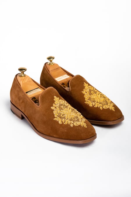 Shop_Aniket Gupta_Brown Floral Motif Genuine Leather Shoes _at_Aza_Fashions
