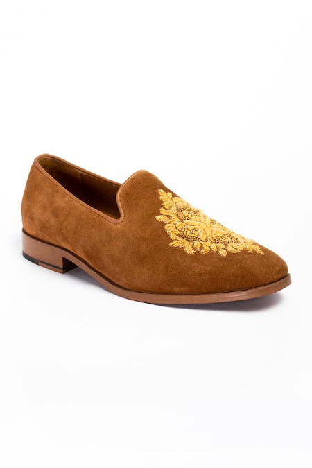 Aniket Gupta_Brown Floral Motif Genuine Leather Shoes _Online_at_Aza_Fashions
