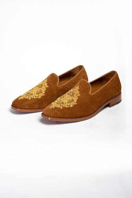 Buy_Aniket Gupta_Brown Floral Motif Genuine Leather Shoes _Online_at_Aza_Fashions
