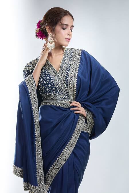 Ridhi Mehra_Blue Silk, Cotton Beads, Sequins, Zari Border Embroidered Saree With Blouse_Online_at_Aza_Fashions