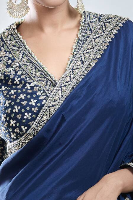 Buy_Ridhi Mehra_Blue Silk, Cotton Beads, Sequins, Zari Border Embroidered Saree With Blouse_Online_at_Aza_Fashions