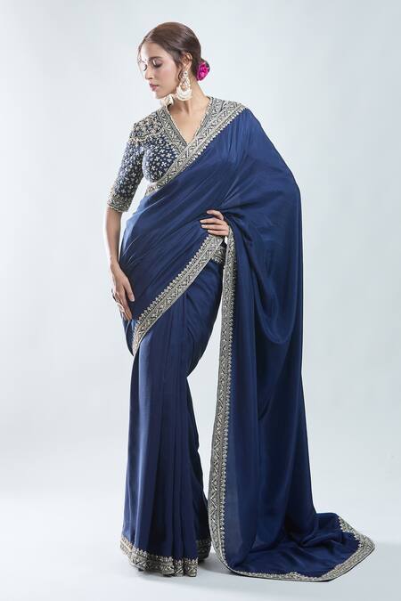 Shop_Ridhi Mehra_Blue Silk, Cotton Beads, Sequins, Zari Border Embroidered Saree With Blouse_Online_at_Aza_Fashions