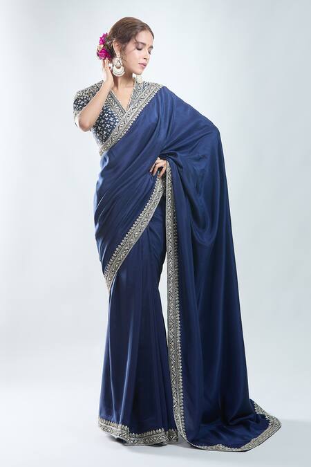 Ridhi Mehra_Blue Silk, Cotton Beads, Sequins, Zari Border Embroidered Saree With Blouse_at_Aza_Fashions