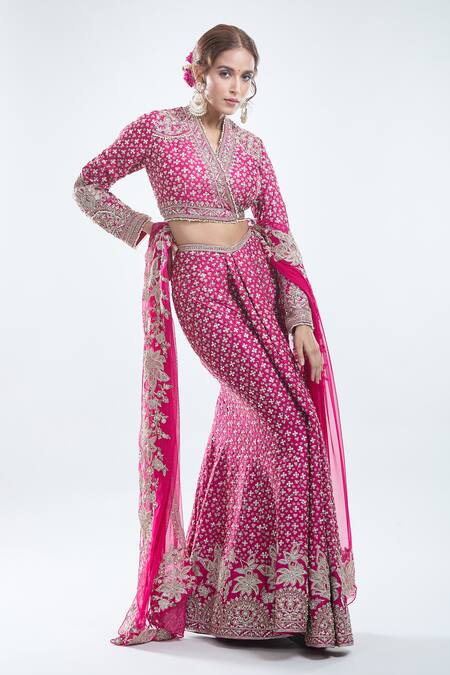 Shop_Ridhi Mehra_Pink Silk, Chiffon Sequins, Beads, Zari V-neck Work Fishcut Lehenga Set_Online_at_Aza_Fashions
