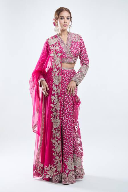 Ridhi Mehra_Pink Silk, Chiffon Sequins, Beads, Zari V-neck Work Fishcut Lehenga Set_at_Aza_Fashions