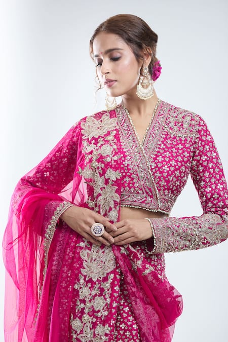 Buy_Ridhi Mehra_Pink Silk, Chiffon Sequins, Beads, Zari V-neck Work Fishcut Lehenga Set