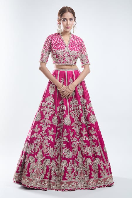 Ridhi Mehra_Pink Silk, Georgette Beads, Floral Stripe Embroidered Bridal Lehenga Set _Online_at_Aza_Fashions