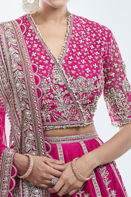 Buy_Ridhi Mehra_Pink Silk, Georgette Beads, Floral Stripe Embroidered Bridal Lehenga Set _Online_at_Aza_Fashions