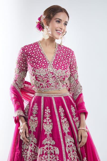 Ridhi Mehra_Pink Silk, Georgette Beads, Floral Stripe Embroidered Bridal Lehenga Set _at_Aza_Fashions