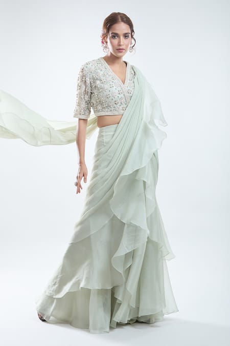 Ridhi Mehra Ruffle Pre-Draped Saree With Embroidered Blouse 