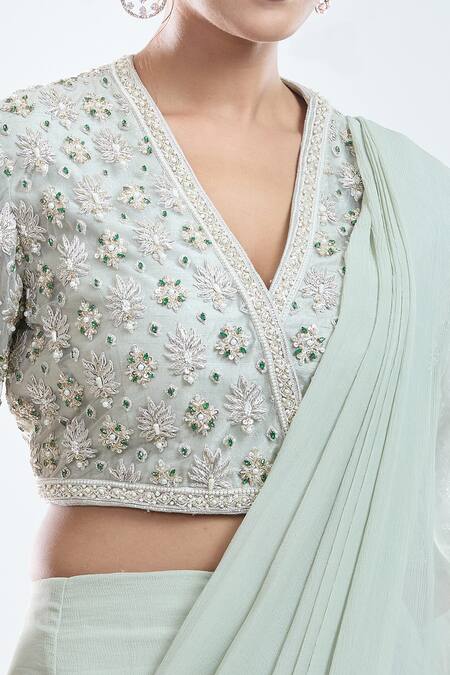 Ridhi Mehra_Green Silk, Chiffon Sequins, Ruffle Pre-draped Saree With Embroidered Blouse_Online_at_Aza_Fashions