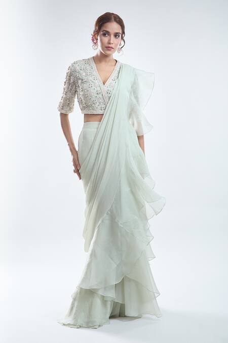 Buy_Ridhi Mehra_Green Silk, Chiffon Sequins, Ruffle Pre-draped Saree With Embroidered Blouse_Online_at_Aza_Fashions