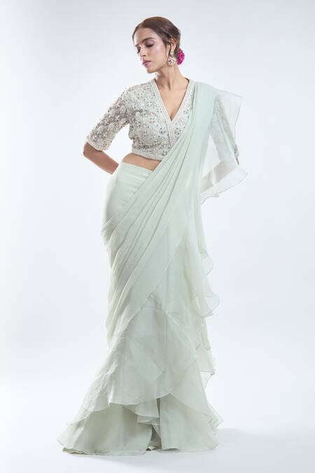 Shop_Ridhi Mehra_Green Silk, Chiffon Sequins, Ruffle Pre-draped Saree With Embroidered Blouse_Online_at_Aza_Fashions