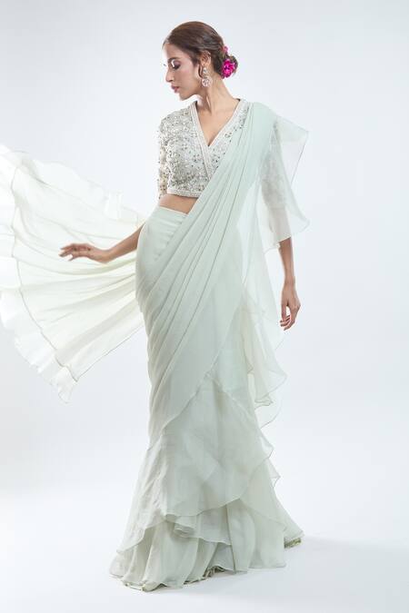 Ridhi Mehra_Green Silk, Chiffon Sequins, Ruffle Pre-draped Saree With Embroidered Blouse_at_Aza_Fashions
