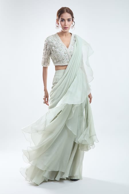 Buy_Ridhi Mehra_Green Silk, Chiffon Sequins, Ruffle Pre-draped Saree With Embroidered Blouse