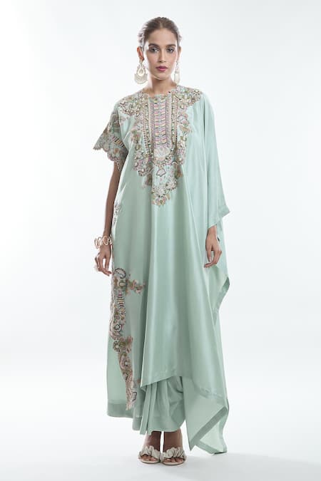 Anamika Khanna Blue Silk, Chiffon Embroidery, Sequins Collared Floral Kurta And Draped Skirt Set Online at Aza Fashions Anamika Khanna_Blue Silk, Chiffon Embroidery, Sequins Collared Floral Kurta And Draped Skirt Set _Online_at_Aza_Fashions