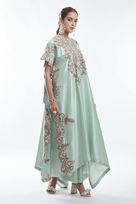 Shop Anamika Khanna Blue Silk, Chiffon Embroidery, Sequins Collared Floral Kurta And Draped Skirt Set Online at Aza Fashions Shop_Anamika Khanna_Blue Silk, Chiffon Embroidery, Sequins Collared Floral Kurta And Draped Skirt Set _Online_at_Aza_Fashions