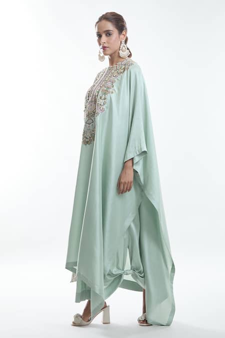 Anamika Khanna Blue Silk, Chiffon Embroidery, Sequins Collared Floral Kurta And Draped Skirt Set at Aza Fashions Anamika Khanna_Blue Silk, Chiffon Embroidery, Sequins Collared Floral Kurta And Draped Skirt Set _at_Aza_Fashions