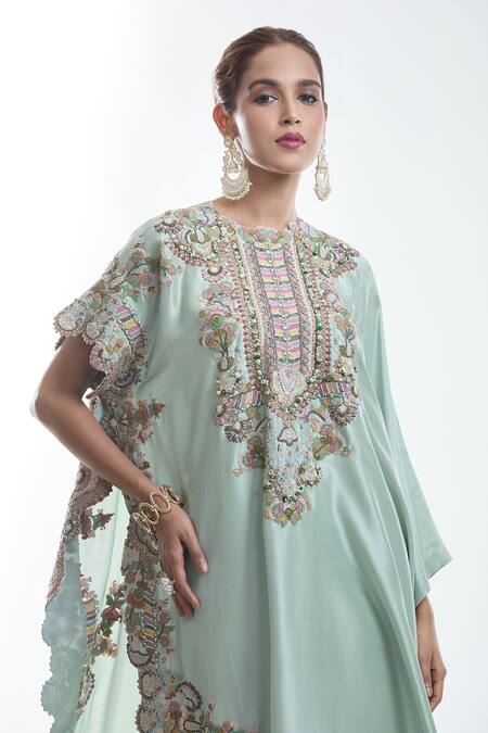 Buy Anamika Khanna Blue Silk, Chiffon Embroidery, Sequins Collared Floral Kurta And Draped Skirt Set Buy_Anamika Khanna_Blue Silk, Chiffon Embroidery, Sequins Collared Floral Kurta And Draped Skirt Set