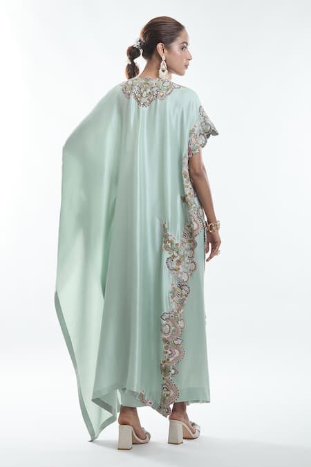 Shop Anamika Khanna Blue Silk, Chiffon Embroidery, Sequins Collared Floral Kurta And Draped Skirt Set at Aza Fashions Shop_Anamika Khanna_Blue Silk, Chiffon Embroidery, Sequins Collared Floral Kurta And Draped Skirt Set _at_Aza_Fashions