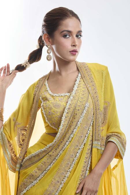 Buy_Anamika Khanna_Yellow Georgette, Chiffon Cut Work, Embroidery, Zari, Cape Draped Skirt Set_Online_at_Aza_Fashions