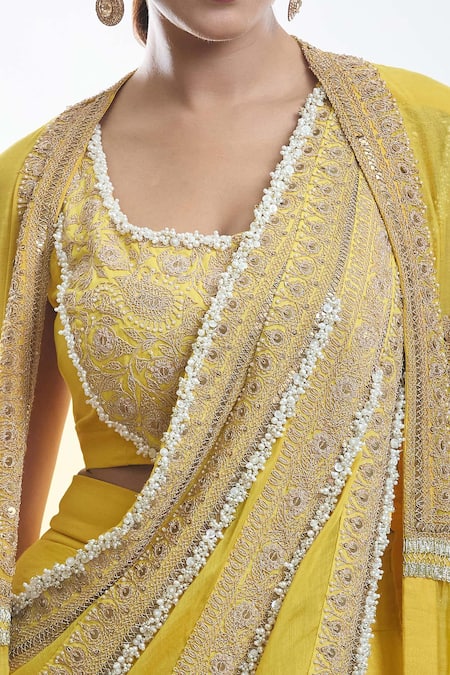 Shop_Anamika Khanna_Yellow Georgette, Chiffon Cut Work, Embroidery, Zari, Cape Draped Skirt Set_Online_at_Aza_Fashions