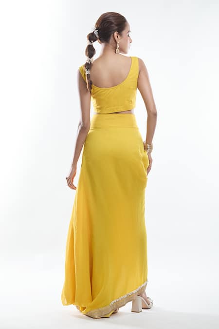 Anamika Khanna_Yellow Georgette, Chiffon Cut Work, Embroidery, Zari, Cape Draped Skirt Set_at_Aza_Fashions